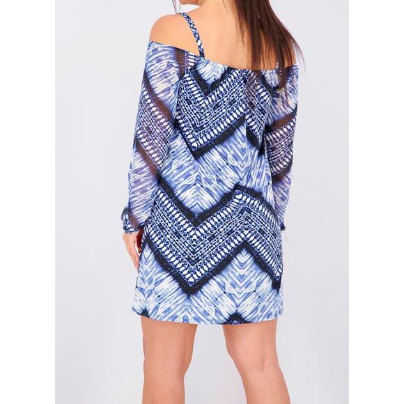 INC Women's‎ Large Blue Off The Shoulder Blue Sundress Sheer Sleeves Summer - Picture 2 of 10